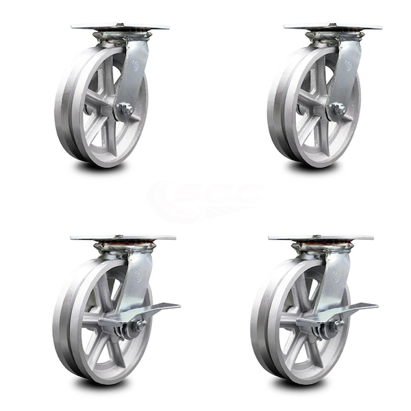8 Inch V Groove Semi Steel Swivel Caster Set with Ball Bearings 2 Brakes SCC